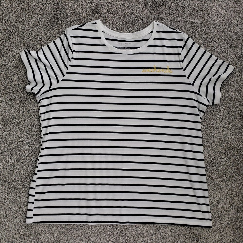 Lane Bryant women’s Short Sleeve Striped T-Shirt, Nice Condition, "Weekends"